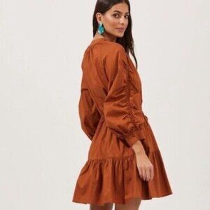 Astr The Label Small Ruched Flounce Shirtdress Long Sleeve Buttoned Cognac